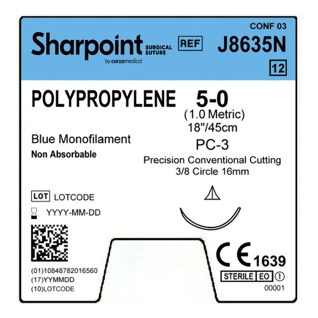 Surgical Specialties Sharpoint Plus 5-0 16 mm Polypropylene Nonabsorbable Suture with Needle and Blue, 12 per Box