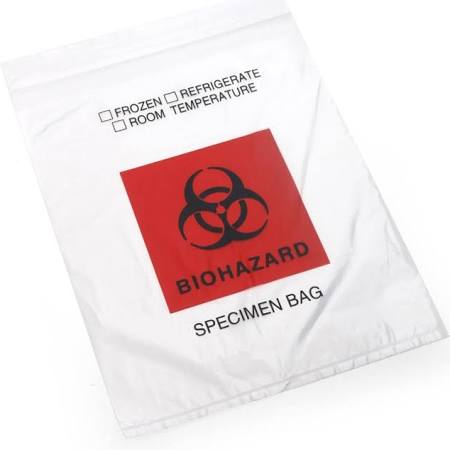 Medegen Specimen Transport Bags, 6" x 9", Adhesive Closure, Clear, Biohazard, 100/pk