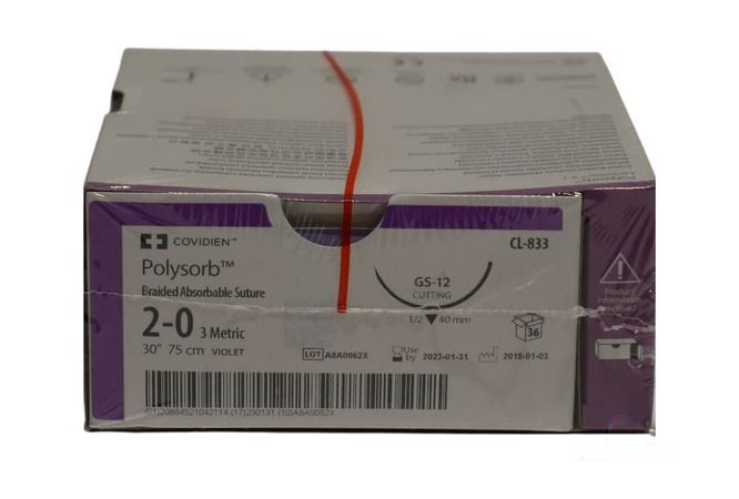 Medtronic Polysorb 75 cm 1/2 Circle Size 2-0 GS-12 Braided Synthetic Absorbable Coated Suture, Violet, 36/Box