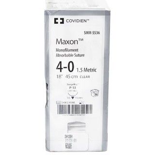 Medtronic Maxon 45 cm 3/8 Circle Size 4-0 P-13 Monofilament Polyglyconate Synthetic Absorbable Suture, Clear, 36/Box