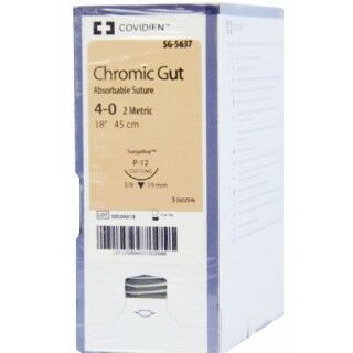 Medtronic Chromic Gut 18 inch 3/8 Circle Size 4-0 P-12 Sterile Absorbable Suture, 36/Box