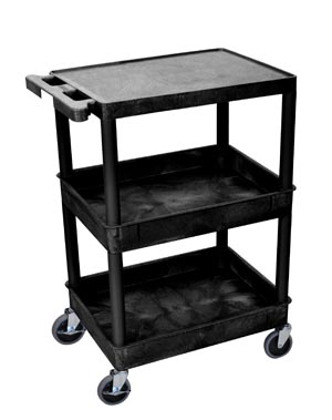 Luxor Flat Top Utility Carts, Middle/Bottom Tub Shelves (2.75" Deep each), Black