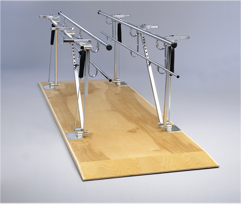 Parallel Bars, wood platform mounted, height and width adjustable, 7' L x 17.5" - 25.5" W x 31" - 41" H