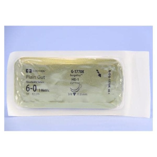 [G1770K] Medtronic Plain Gut 18 inch 3/8 Circle Size 6-0 HE-1 Double Arms Sterile Absorbable Suture, 12/Box