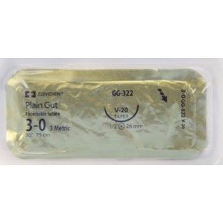 [GG322] Medtronic Plain Gut 30 inch 1/2 Circle Size 3-0 V-20 Sterile Absorbable Suture, 36/Box