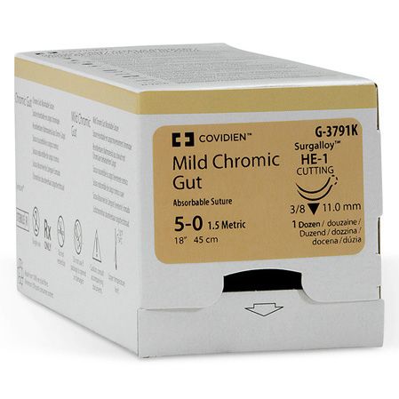 [G3791K] Medtronic Mild Chromic Gut 18 inch 3/8 Circle Size 5-0 HE-1 Double Arms Sterile Absorbable Suture, 12/Box