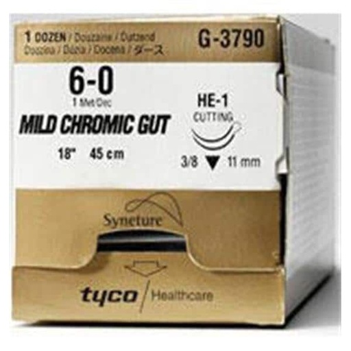 [G3790K] Medtronic Mild Chromic Gut 18 inch 3/8 Circle Size 6-0 HE-1 Double Arms Sterile Absorbable Suture, 12/Box